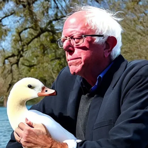 Image similar to Bernie Sanders holding a Goose