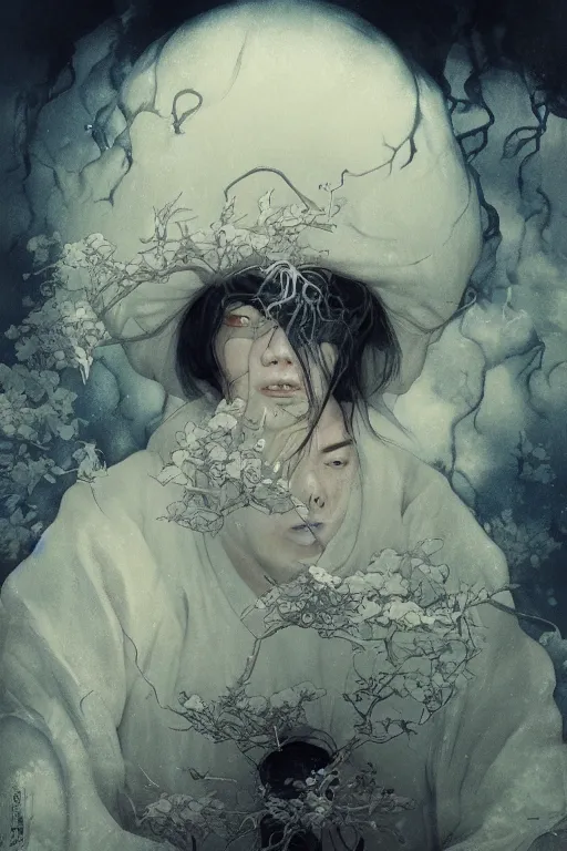 Image similar to a portrait of a japanese ghost illustrated by miyazaki by karol bak, james jean, tom bagshaw, rococo, sharp focus, trending on artstation, cinematic lighting, hyper realism, octane render, 8 k, hyper detailed, vivid, ultra detailed, highly detailed