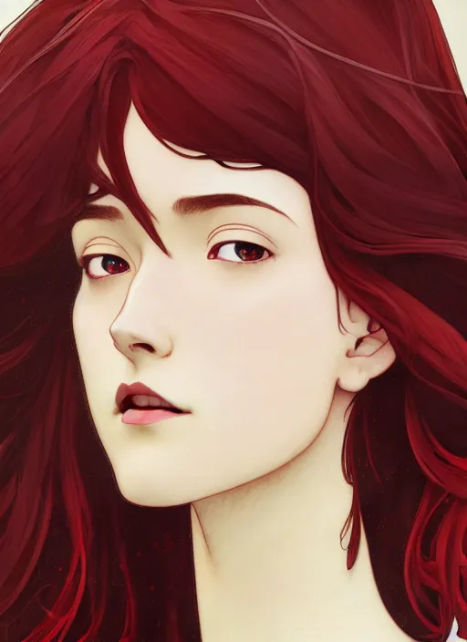 Prompt: pretty young woman with shoulder length shiny shimmering dark red hair and wearing leather suit, path traced, highly detailed, high quality, digital painting, by studio ghibli and alphonse mucha, leesha hannigan, makoto shinkai, disney