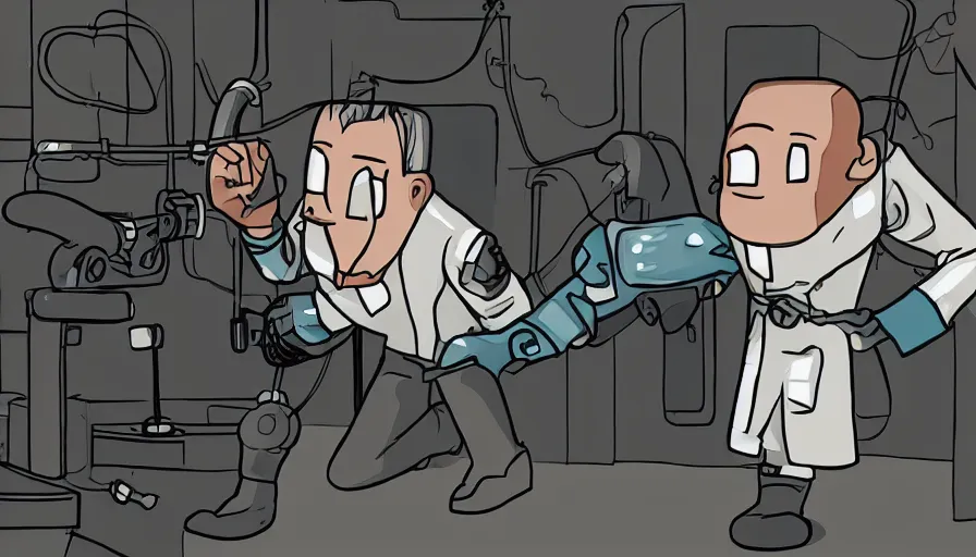 Prompt: an android in a weapons lab strangling the scientist who created him. In the style of James Cameron