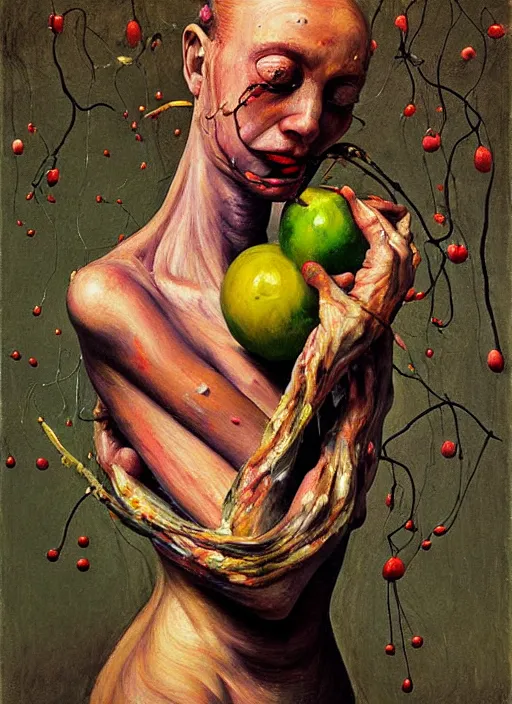 Prompt: Oil painting - She Eats of the Strangling Fruit and Her gossamer polyp blossoms bring iridescent fungal flowers whose spores black the foolish stars by Lucian Freud and Jenny Saville, Abstract brush strokes, Masterpiece, Edward Hopper and James Gilleard, Zdzislaw Beksinski, Mark Ryden, Wolfgang Lettl highly detailed, hints of Yayoi Kasuma