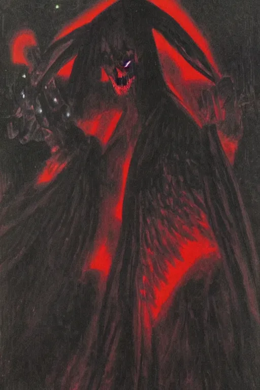 Image similar to angel of death smiling in the dark night, art by takeshi ohbata