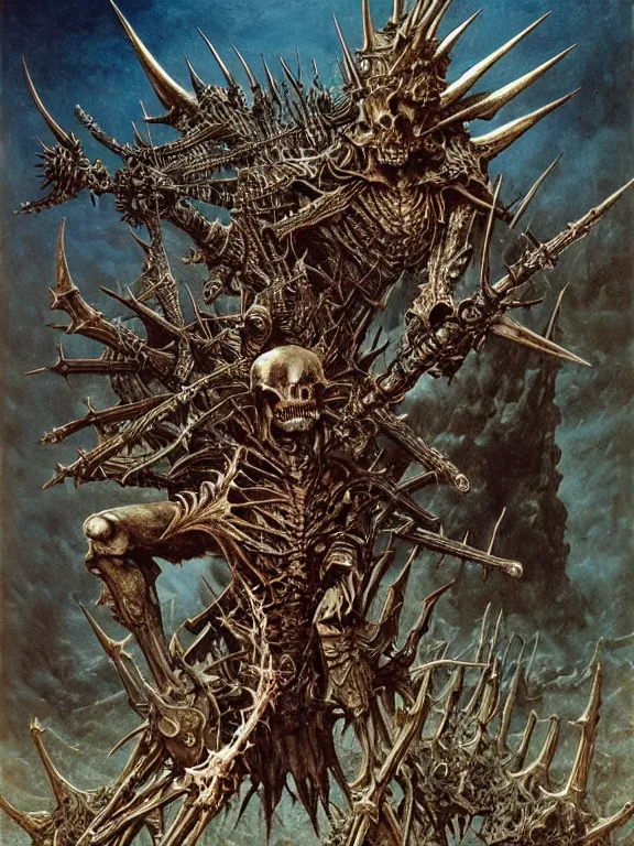 Image similar to A spiky horned skeleton with armored joints stands with a huge two-handed weapon. Extremely high detail, realistic, fantasy art, solo, bones, masterpiece, saturated colors, tangled, ripped flesh, art by Zdzisław Beksiński, Arthur Rackham, Dariusz Zawadzki