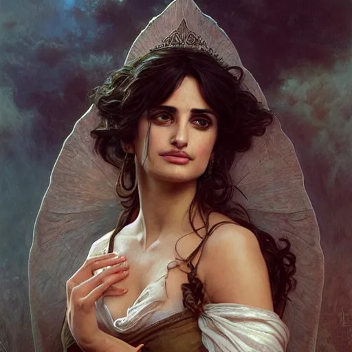 Prompt: Penelope cruz, D&D, fantasy, intricate, cinematic lighting, highly detailed, beautiful, digital painting, artstation, masterpiece, concept art, smooth, sharp focus, illustration, art by Artgerm Greg Rutkowski Alphonse Mucha and william-Adolphe Bouguereau