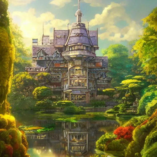 Prompt: a beautiful hyperrealistic detailed miniature diorama of a magical mansion from studio ghibli, by jordan grimmer and hayao miyazaki and adolf hira, crepuscular ray, vibrant, wide angle, epic, dappled sunlight, vast, trending on artstation, cgsociety, intricate, atmospheric lighting, unreal engine, 8 k resolution, ultrafine detail, octane render