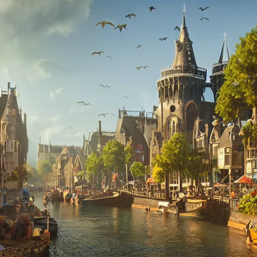 Prompt: a coastal magical town with witches and knights and a grand university of magic and technology visible in the distance, sunny weather, inspired by victorian england and amsterdam, palm trees, highly detailed, intricate, digital painting, trending on artstation, concept art, matte painting, art by greg rutkwowski, craig mullins, octane render, 8 k, unreal engine