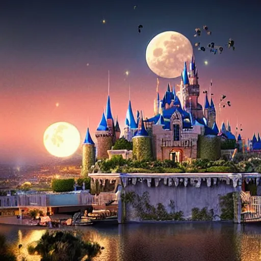 Image similar to the disney castle surrounded by giant palm trees on a giant floating island in the sky at night, a huge moon above the island illuminates the sky, cinematic, digital art by erik johansson, 8 k resolution, hyper detailed, hyper realistic, sharp focus