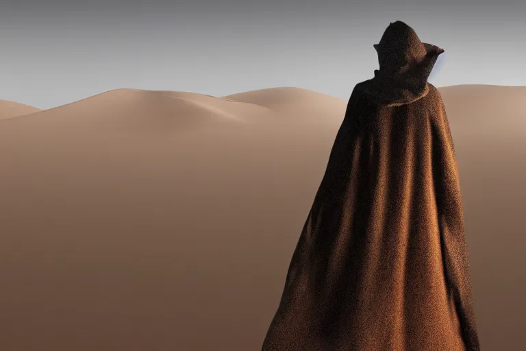 Prompt: mysterious figure in striking cloak walking through sandstorm in desolate desert, buried city, global illumination, hyper - realistic, insanely detailed and intricate, cinematic 8 k