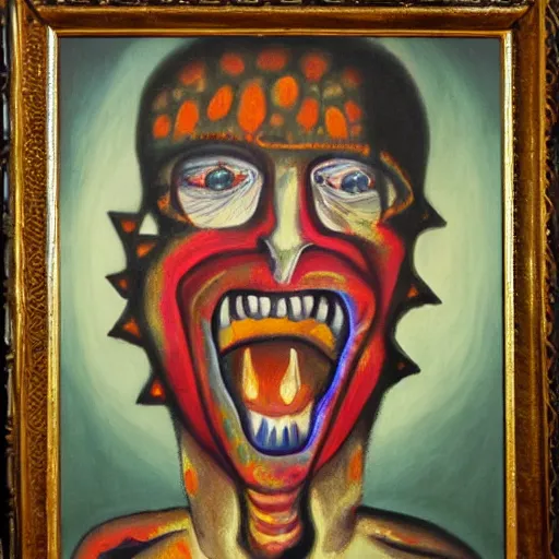 Image similar to portre of an autistic demon on acid, masonic and kabalistic symbols in background, oil painting