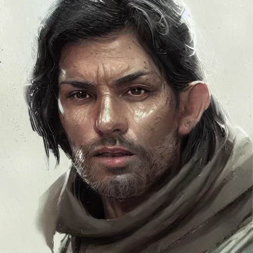 Image similar to portrait of a man by greg rutkowski, a jedi commander, arabian features and olive skin, long black hair, wise appearance, wearing the tactical gear of the galactic alliance, star wars expanded universe, he is about 4 0 years old, highly detailed portrait, digital painting, artstation, concept art, smooth, sharp foccus ilustration, artstation hq