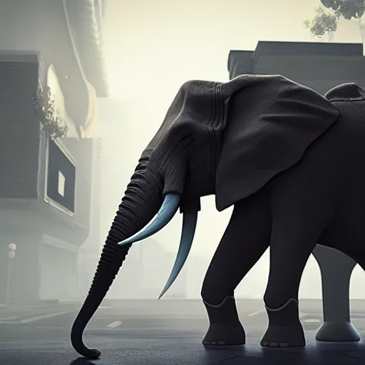 Image similar to apocalyptic, a terminator elephant walking on the future street. smoke. volumetric lighting, sharp focus, ultra detailed, cgsociety - w 1 0 2 4 - n 8 - i