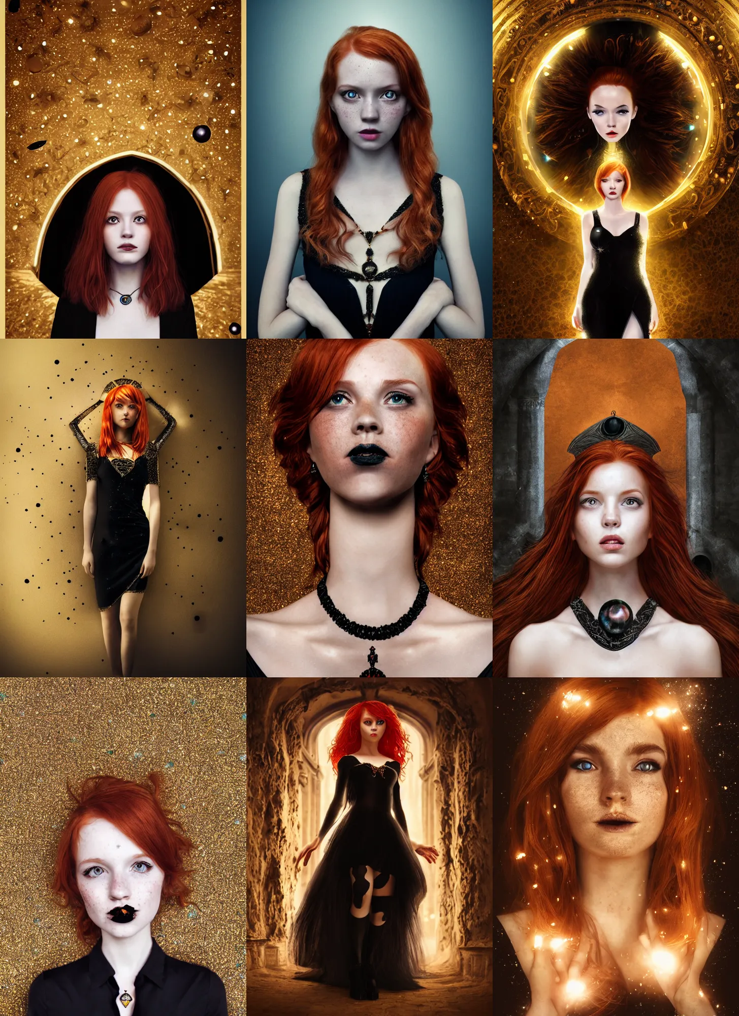 Prompt: redhead girl in black dress in beautiful castle, black pearls and golden gems, glowing eyes, light freckles, portrait, biomech, conceptart, medium shot, unreal, octane, symmetrical, photorealism