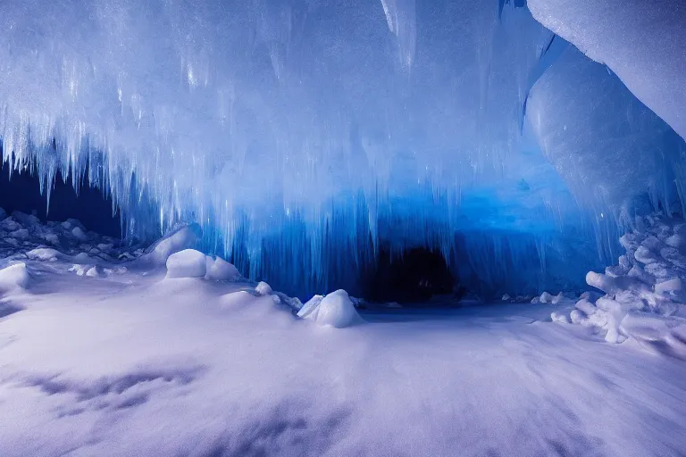 Prompt: inside an ice cave, blue, wide angle, marc adamus, beautiful