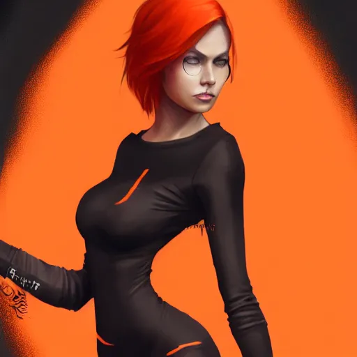 Prompt: a woman wearing black and orange clothes, full body shot, red hair, highly detailed, digital painting, artstation, concept art, smooth, sharp focus, illustration