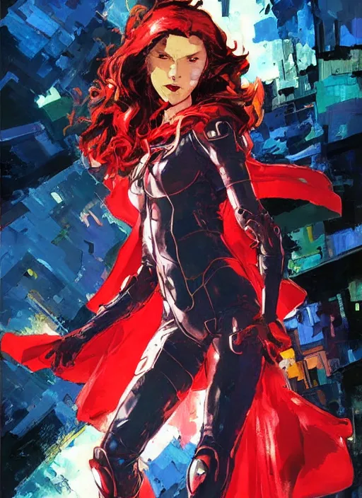 Image similar to marvel scarlet witch, wearing futuristic cybernetic battle armor, by ashley wood, yoji shinkawa, jamie hewlett, 6 0's french movie poster, french impressionism, vivid colors, palette knife and brush strokes, dutch angle