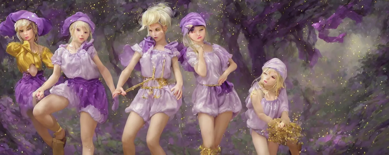 Image similar to Full View of mysterious fairy maidens with short blond hair wearing an oversized purple Beret, Baggy Purple overall shorts, Short Puffy pants made of silk, silk shoes, a big billowy scarf, Golden Ribbons, white leggings Covered in stars. Short Hair. peasant magic. masterpiece 4k digital illustration by Ruan Jia and Mandy Jurgens and Artgerm and greg rutkowski , award winning, Artstation, art nouveau aesthetic, Alphonse Mucha background, intricate details, realistic, panoramic view, Hyperdetailed, 8k resolution, intricate art nouveau, smooth, sharp focus. Rhythmic gymnastics poses