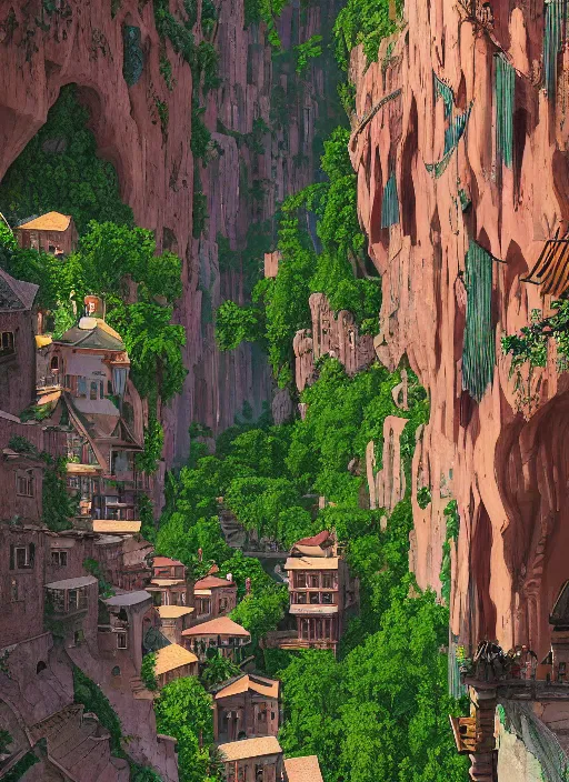 Image similar to medieval city built on terraces in a gigantic canyon, lots of buildings connected by hanging bridges, waterfalls, glow coming from amber veins in the ground, lush vegetation, pitchblack sky, extremly detailed digital painting, in the style atey ghailan and greg rutkowski, rim light, beautiful lighting, 8 k, stunning scene, raytracing, octane, trending on artstation