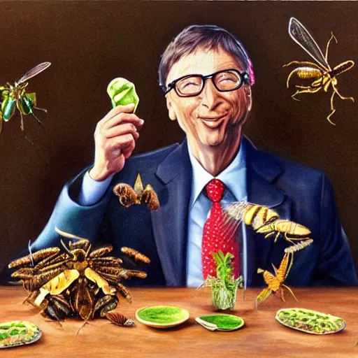 Prompt: a ultra realistic oilpainting of Bill Gates eating worms and bugs, moody, Bill Gates sits at a table with a plate full of insects, 8k, horrible nasty,
