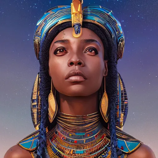 Image similar to highly detailed portrait of an african egyptian goddess, intricate alien technology, stephen bliss, unreal engine, fantasy art by greg rutkowski, loish, rhads, ferdinand knab, makoto shinkai and lois van baarle, ilya kuvshinov, rossdraws, tom bagshaw, global illumination, radiant light, detailed and intricate environment