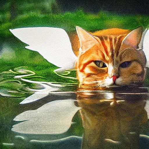 Image similar to Cat with angel wings drinking from a pond, digital artstyle drawn, trending on fiverr, 40nm lens, shallow depth of field,