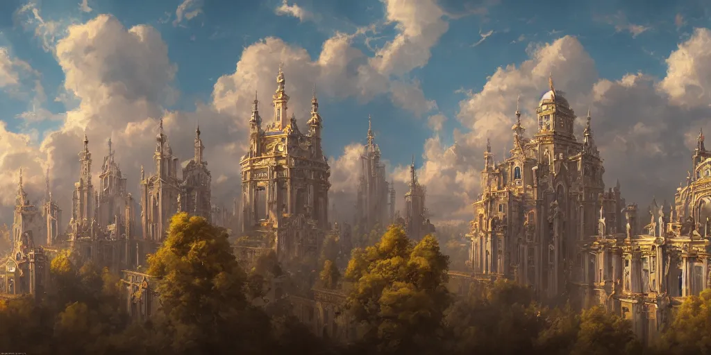 Prompt: a rococo palace in sky, with a gigantic futuristic church, clouds and towers, fortress, morning, andreas rocha, artstation, matte painting