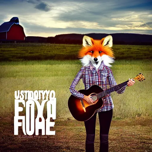 Image similar to a female fluffy anthropomorphic fox animal, wearing cowboy hat, wearing plaid shirt, playing guitar, in a field, barn in background, album cover style