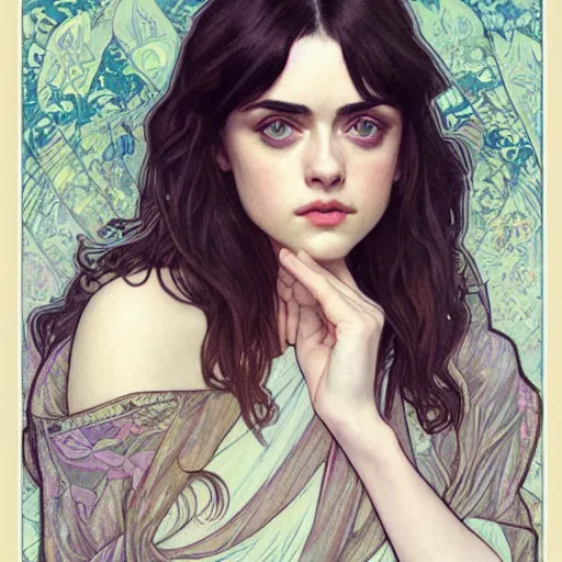 Prompt: a combination of Alexandra Daddario, Maisie Williams, Krysten Ritter, Anne Hathaway and Natalia Dwyer Christina Ricci and Lily Collins by Alphonse Mucha, Magali Villeneuve and Livia Prima, trending on artstation, long hair, dark eyes