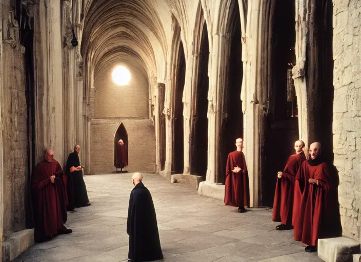 Image similar to humanoid alien robed benedictine monks sing in a stone gothic monastery kodak portra ektachrome