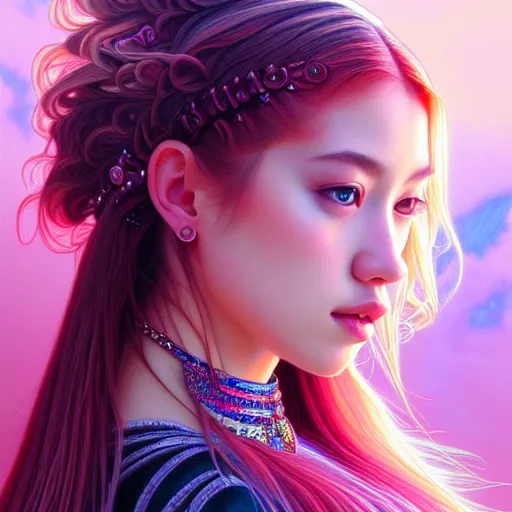Image similar to portrait of jossi of blackpink, fractal goddess, highly detailed, digital painting, smooth, sharp focus, illustration, ultra realistic, 8 k, art by artgerm and alphonse mucha