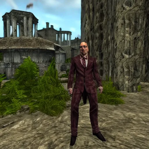 Prompt: saul goodman visits cyrodiil, oblivion, highly detailed, realistic, elder scrolls, adventuring gear, business suit