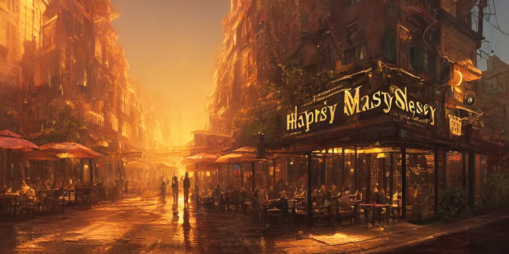 Prompt: speakeasy happy hour by marc adamus, beautiful dramatic lighting, 8 k illustration, golden hour intricate, richly detailed, photorealistic imagery, artstation render inspired by alena aenami