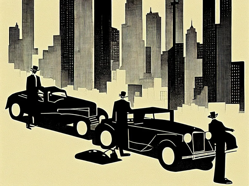 Prompt: two suspicious men in a parked a car in front of a very tall building, desert street, late at night, dimly lit, gangster, film noir, upscale 1920, relaxed poose, art deco, artwork by coles phillips, post processing, intricate, grim yet sparkling atmosphere, cinematic lighting, art nouveau