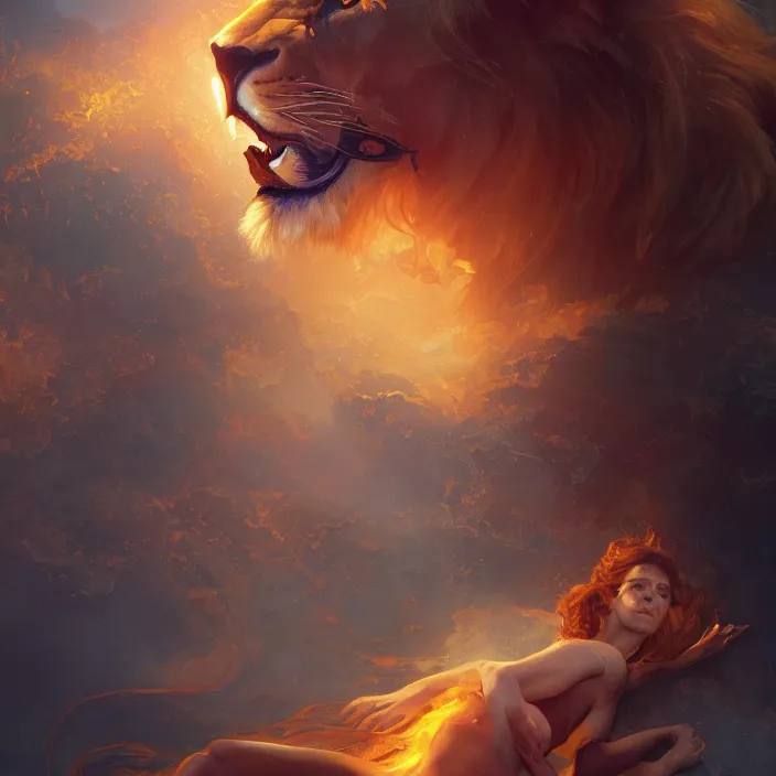 Prompt: lion made out of fire and water, masterpiece painting, 4k, trending on artstation, octane render, art by artgerm and greg rutkowski and alphonse mucha and craig mullins and James Jean and Andrei Riabovitchev and Marc Simonetti and peter mohrbacher