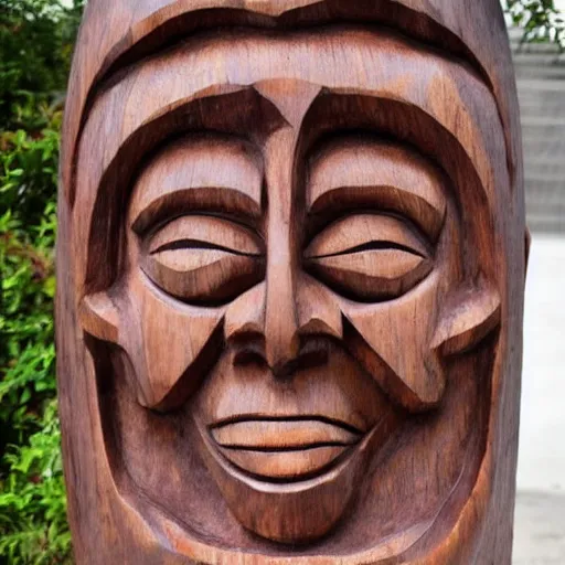 Image similar to wooden carved oversized elon mask statue photo 4k