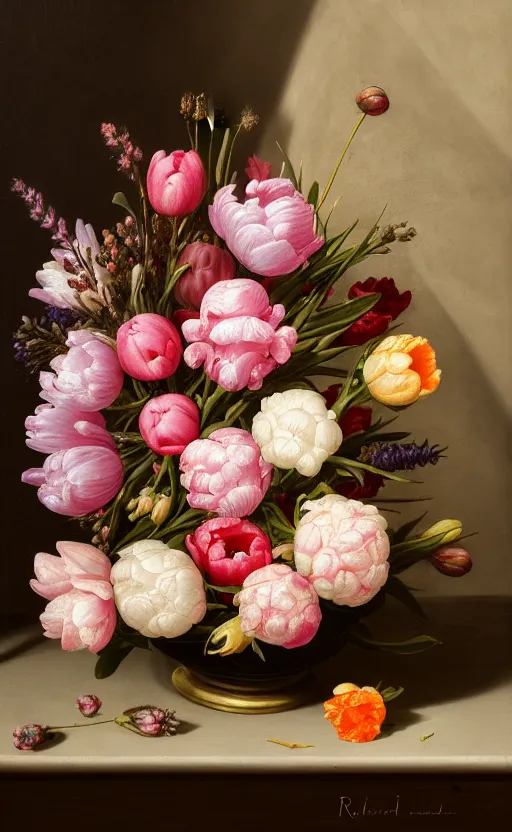 Prompt: still life of flowers, window lighting, old masters, in the style of rachel ruysch, complex 3 d render, ultra detailed, 8 5 mm lens, refined, high definition, pink blossoms, white blossoms, red berries, fruit, lavender, st joseph lily, peonies, foliage, marigold, tulips, iris,