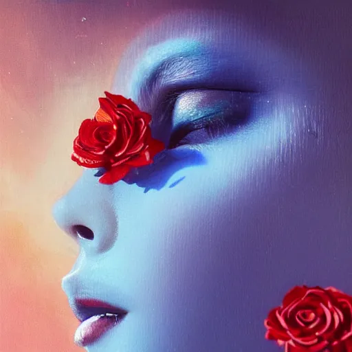 Prompt: 3 d, sci - fi, close - up, morning, smiling fashion model face, sun, cinematic, clouds, sun rays, vogue cover style, poster art, blue mood, realistic painting, intricate oil painting, high detail illustration, small red roses, figurative art, multiple exposure, poster art, by tooth wu and wlop and beeple and greg rutkowski