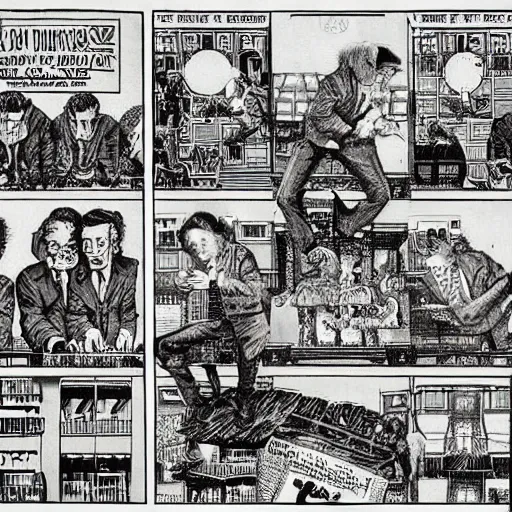 Prompt: a six panel pen and ink surrealist comic strip robert crumb jack davis mc escher masterpiece perfect composition very strange - w 1 0 2 4