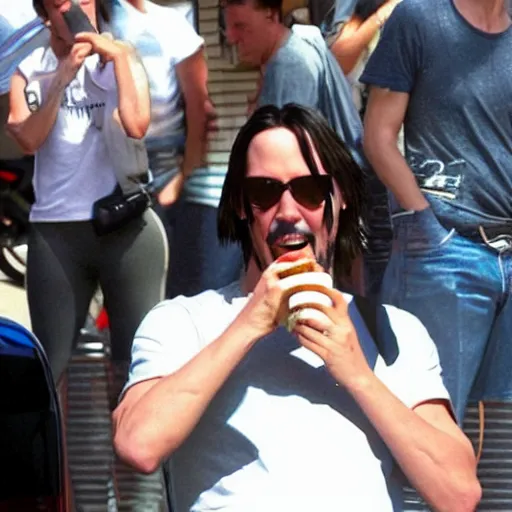 Image similar to Keanu Reeves eating ice cream on a bicycle