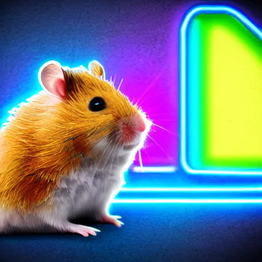 Prompt: hamster in a rainbow cyberpunk city with bright neon lights, 8 k, hd, light reflection