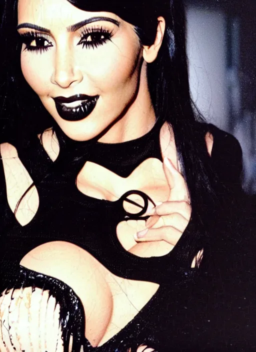 Prompt: candid photo of kim kardashian as a gothic vampire in the 1990s