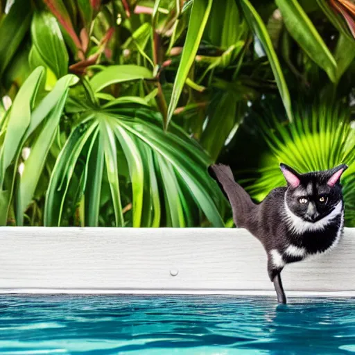 Image similar to a kiwi bird swimming in a pool together with a black cat, high quality