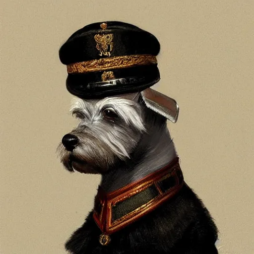 Image similar to portrait of stoic looking miniature schnauzer, military uniform, black fir, white eyebrows, fantasy, intricate, elegant, highly detailed, centered, dark, smokey, digital painting, artstation, concept art, smooth, sharp focus, illustration, art by artgerm and greg rutkowski and alphonse mucha