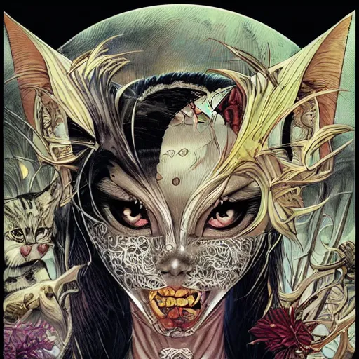 Image similar to portrait of crazy cat woman, symmetrical, by yoichi hatakenaka, masamune shirow, josan gonzales and dan mumford, ayami kojima, takato yamamoto, barclay shaw, karol bak, yukito kishiro