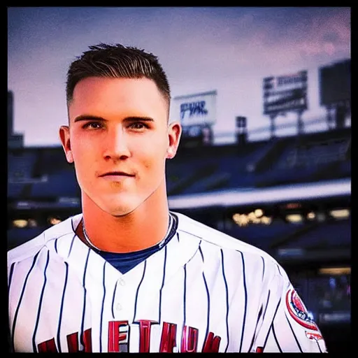 Image similar to “a realistic photo of a guy who is an attractive baseball player man who is half robot and half humanoid, who is a robot, Mike Trout, shiny skin, blue eyes”