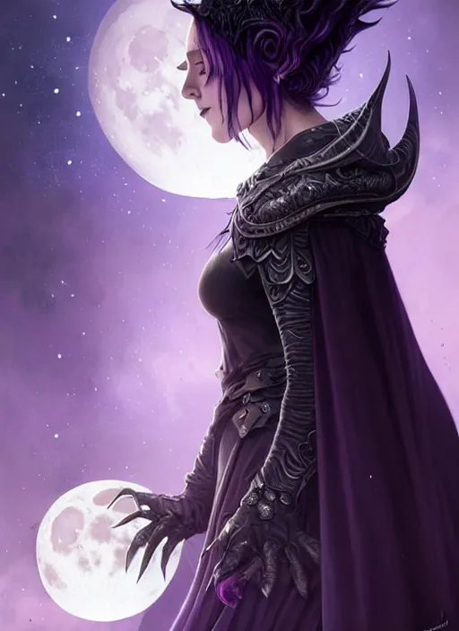 Image similar to moon in the background, side portrait dark witch, adventurer outfit large cloak, fantasy forest landscape, dragon scales, fantasy magic, undercut hairstyle, short purple black fade hair, dark light night, intricate, elegant, sharp focus, illustration, highly detailed, digital painting, concept art, matte, art by WLOP and Artgerm and Greg Rutkowski and Alphonse Mucha, masterpiece