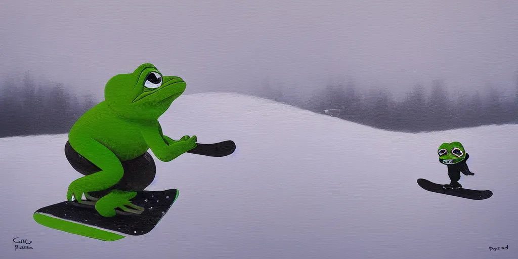 Image similar to pepe the frog snowboarding, gloomy landscape, oil painting by christopher radlund