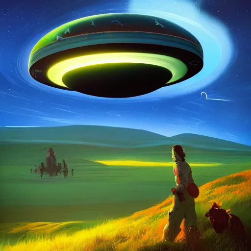 Image similar to ufo over the cow, Bright colors, fantastic landscape, hyperrealism, no blur, 4k resolution, ultra detailed, style of Anton Fadeev, Ivan Shishkin, John Berkey