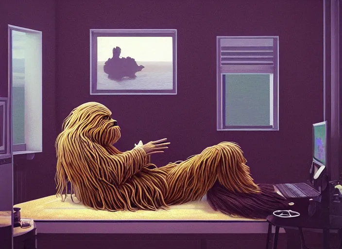 Prompt: wookiee is comfy at home trading crypto. the charts are at all time highs, huge gains, painting by grant wood, 3 d rendering by beeple