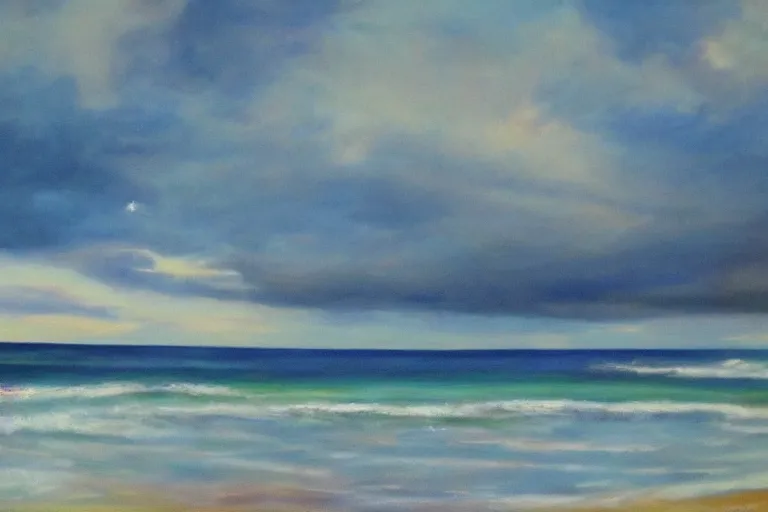 Prompt: a beautiful seascape by adrienne pavelka, big stormy sky, oil painting