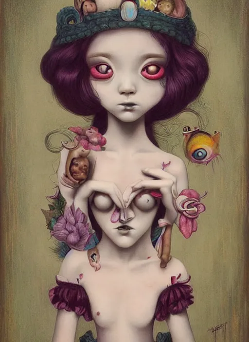 Image similar to pop surrealism, lowbrow art, realistic cute girl painting, japanese street fashion, hyper realism, muted colors, mark ryden, trevor brown style